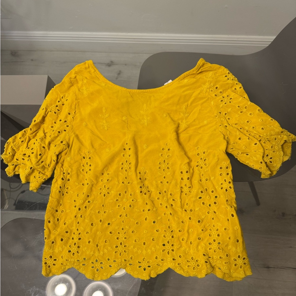 Japna Mustard Eyelet Short Sleeve Blouse